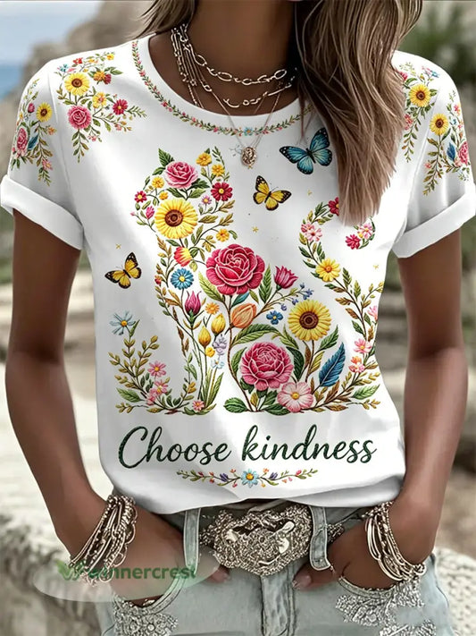 Women’s Floral Cats Print Casual Tee - White / S