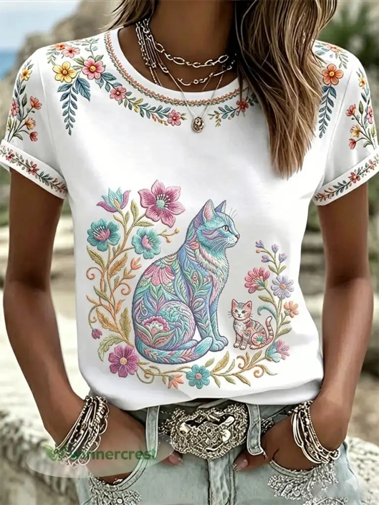 Women’s Floral Cats Print Casual Tee - White / S