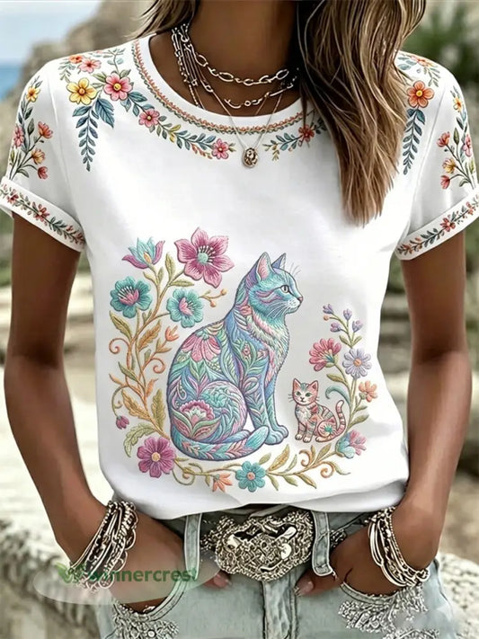 Women’s Floral Cats Print Casual Tee - White / S