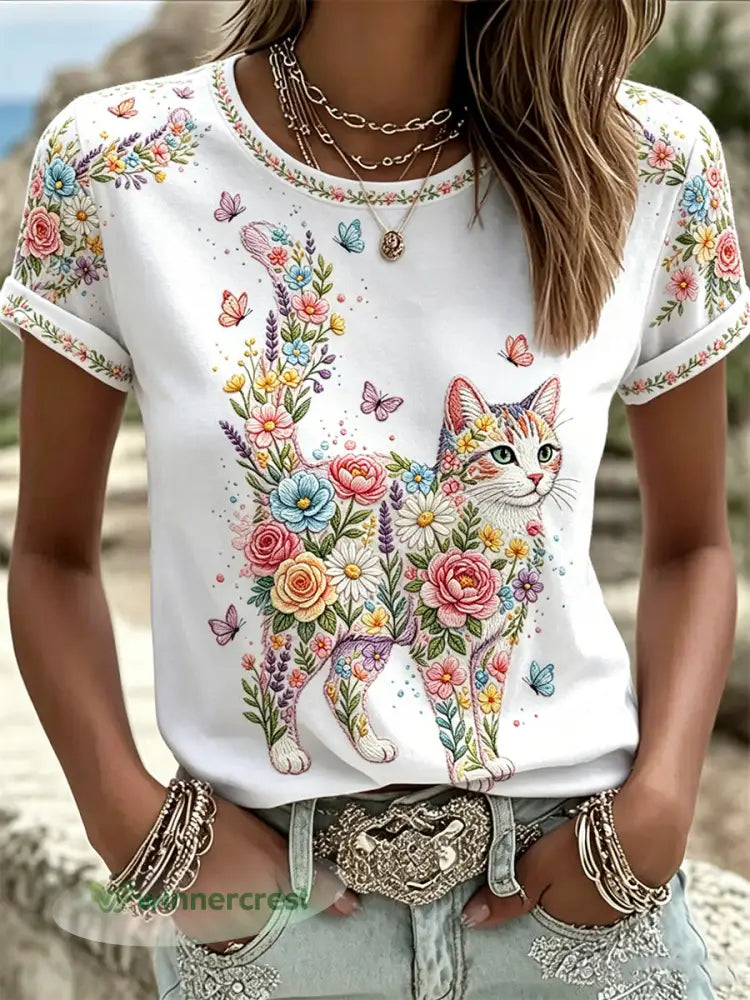 Women’s Floral Cats Print Casual Tee - White / S