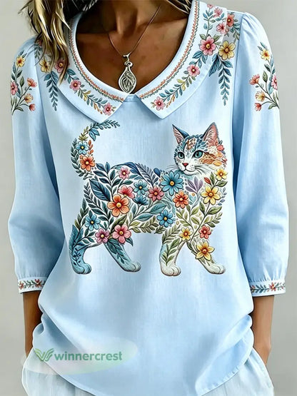 Women’s Floral Cats Print Casual Top - Light Blue / S