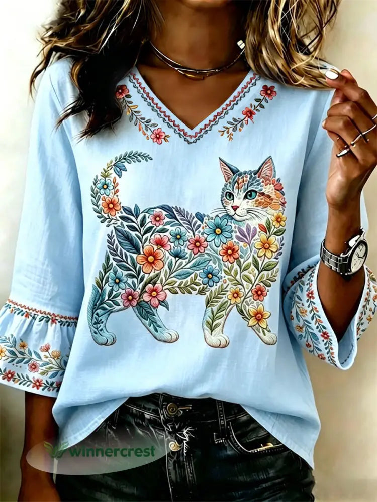 Women’s Floral Cats Print Casual Top - Light Blue / S