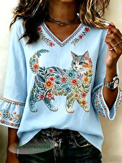 Women’s Floral Cats Print Casual Top - Light Blue / S
