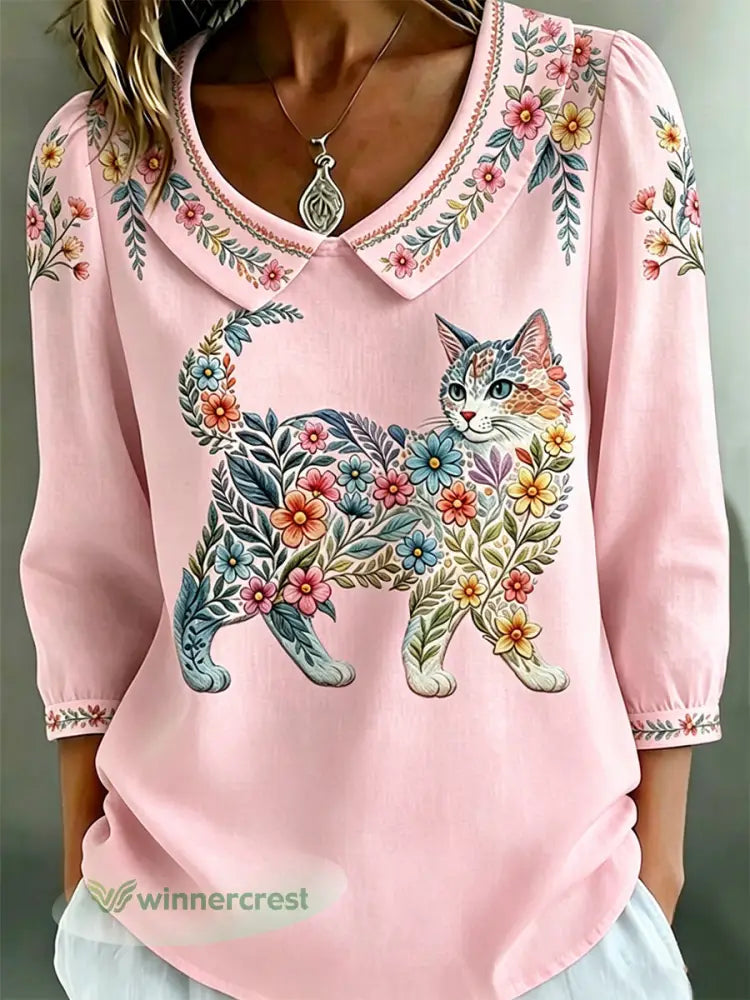 Women’s Floral Cats Print Casual Top - Pink / S