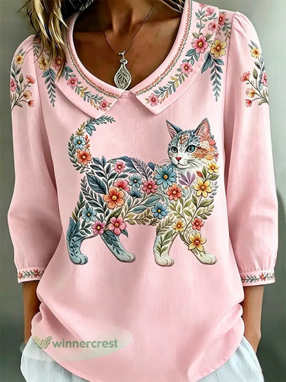 Women’s Floral Cats Print Casual Top - Pink / S
