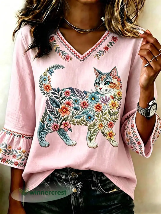 Women’s Floral Cats Print Casual Top - Pink / S