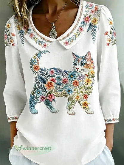 Women’s Floral Cats Print Casual Top - White / S