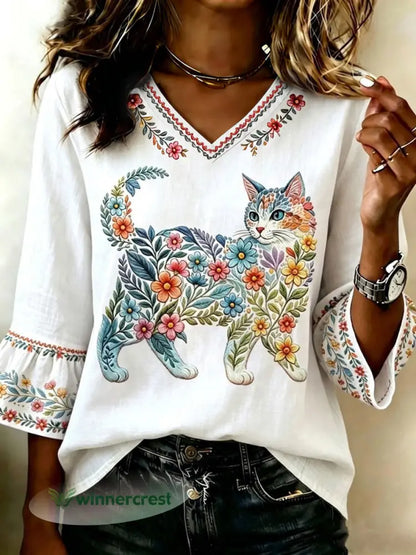 Women’s Floral Cats Print Casual Top - White / S