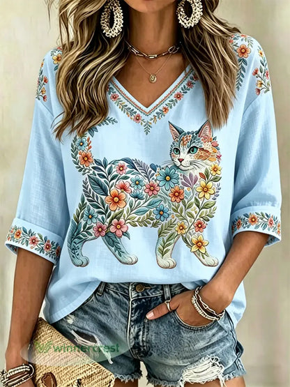 Women’s Floral Cats Print Casual V-Neck Shirt - Light Blue / S