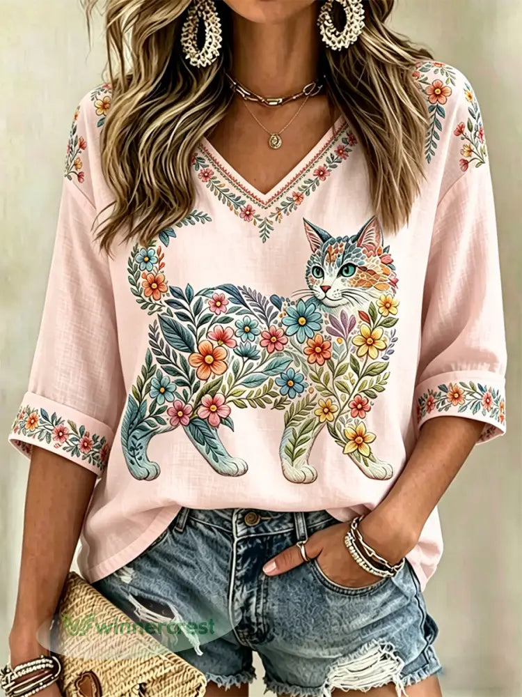 Women’s Floral Cats Print Casual V-Neck Shirt - Pink / S