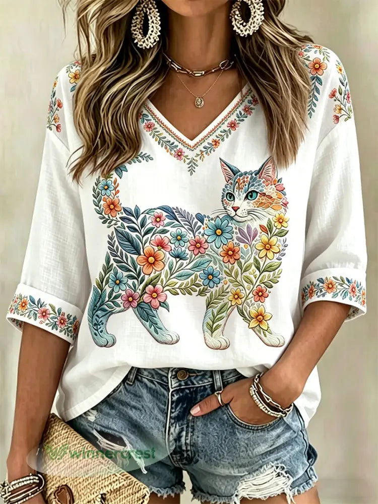 Women’s Floral Cats Print Casual V-Neck Shirt - White / S