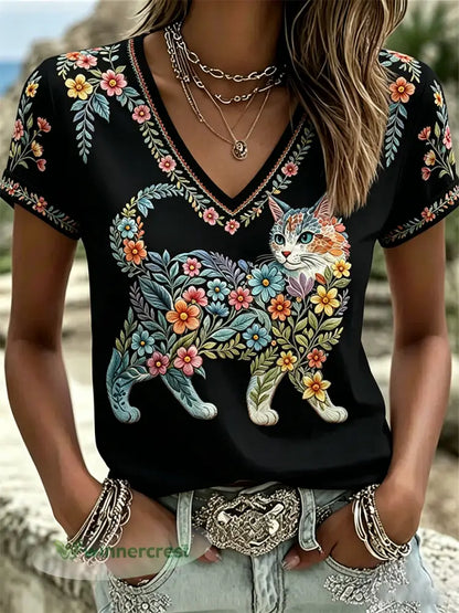 Women’s Floral Cats Print Casual V-Neck Tee - Black / S
