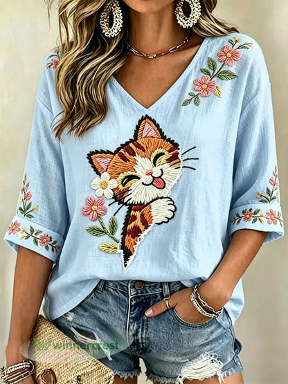 Women’s Floral Cats Print Casual V-Neck Tee - Light Blue / S