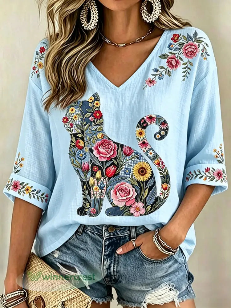 Women’s Floral Cats Print Casual V-Neck Tee - Light Blue / S
