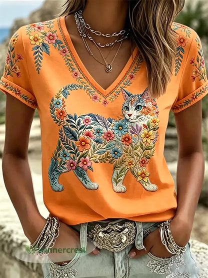 Women’s Floral Cats Print Casual V-Neck Tee - Orange / S