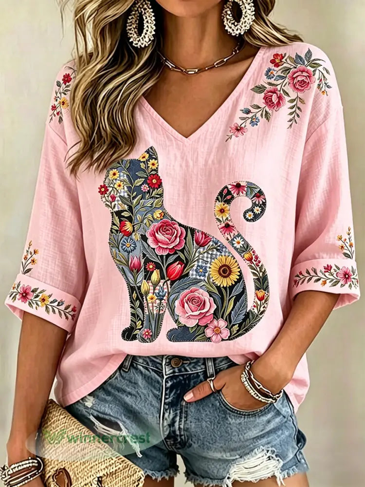Women’s Floral Cats Print Casual V-Neck Tee - Pink / S