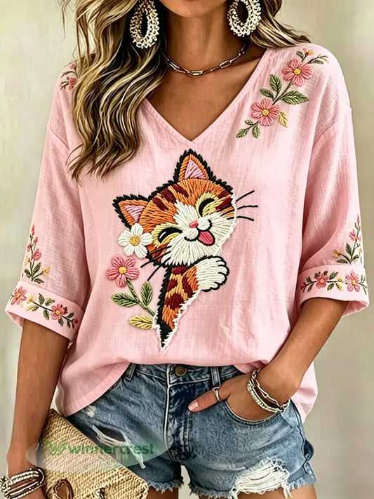 Women’s Floral Cats Print Casual V-Neck Tee - Pink / S