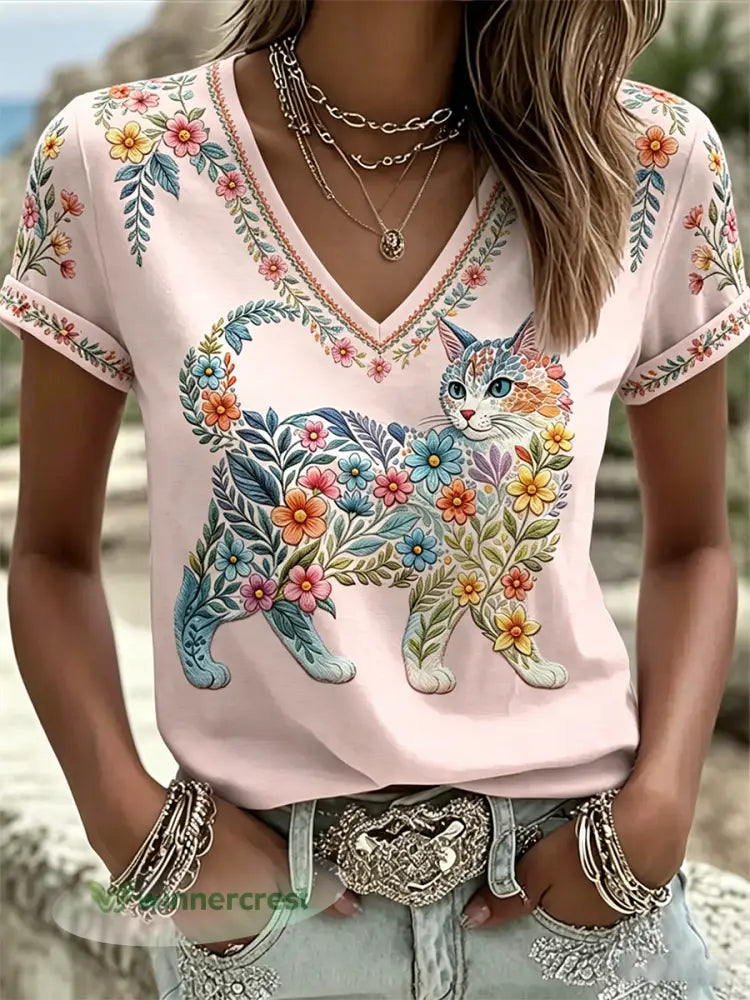 Women’s Floral Cats Print Casual V-Neck Tee - Pink / S