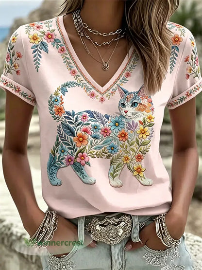 Women’s Floral Cats Print Casual V-Neck Tee - Pink / S