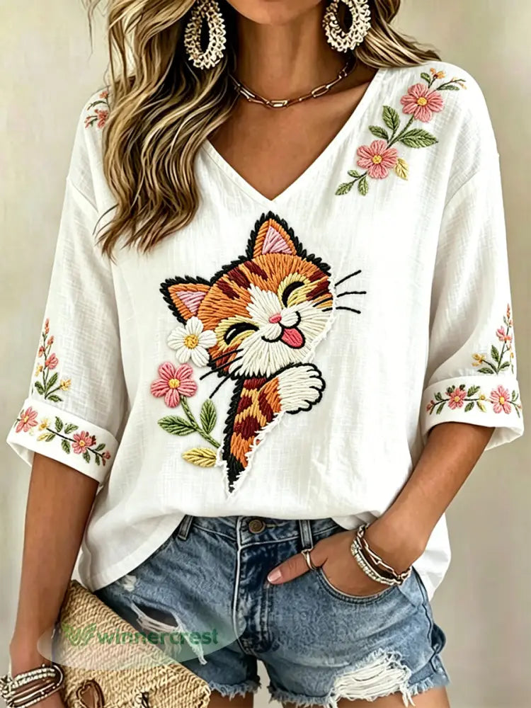 Women’s Floral Cats Print Casual V-Neck Tee - White / S