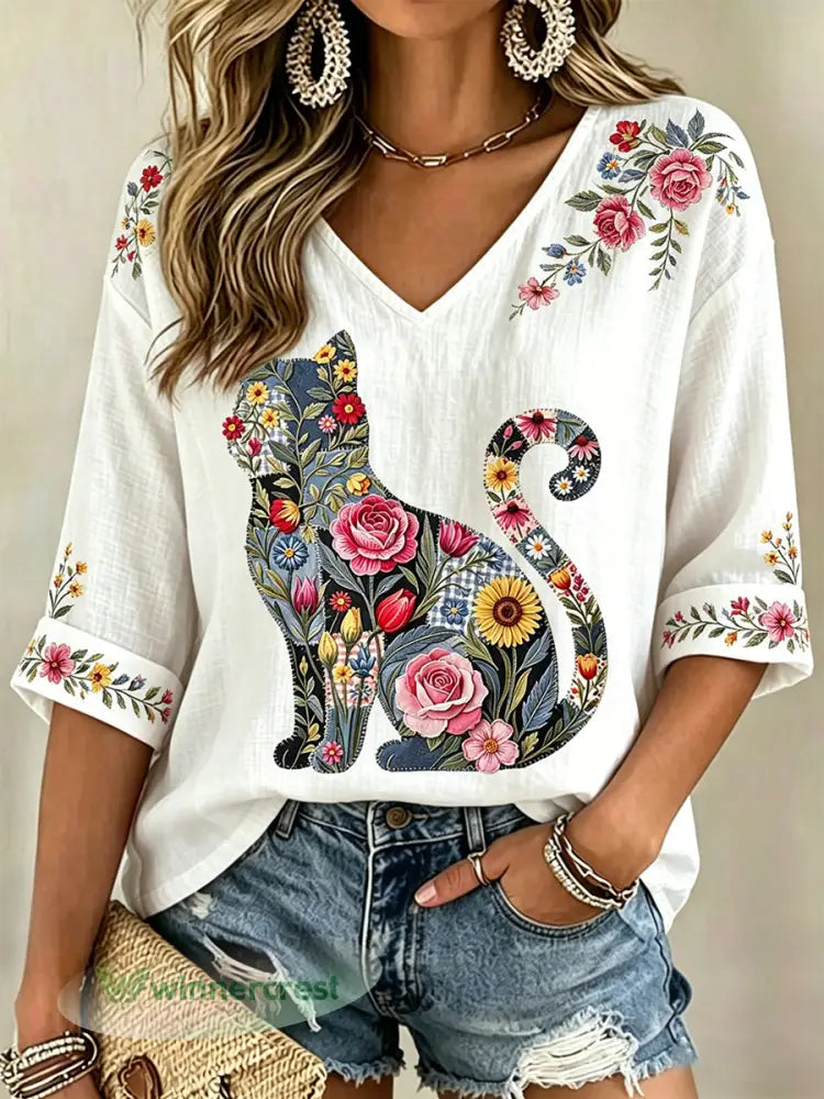 Women’s Floral Cats Print Casual V-Neck Tee - White / S