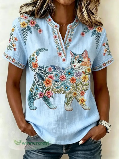 Women’s Floral Cats Print Casual V-Neck Top - Light Blue / S