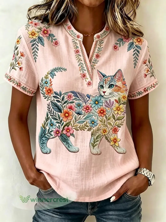 Women’s Floral Cats Print Casual V-Neck Top - Pink / S