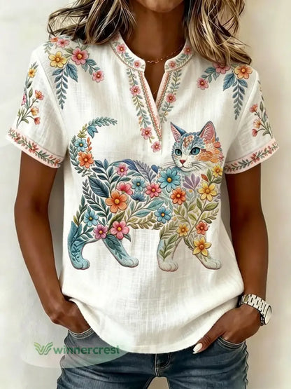 Women’s Floral Cats Print Casual V-Neck Top - White / S