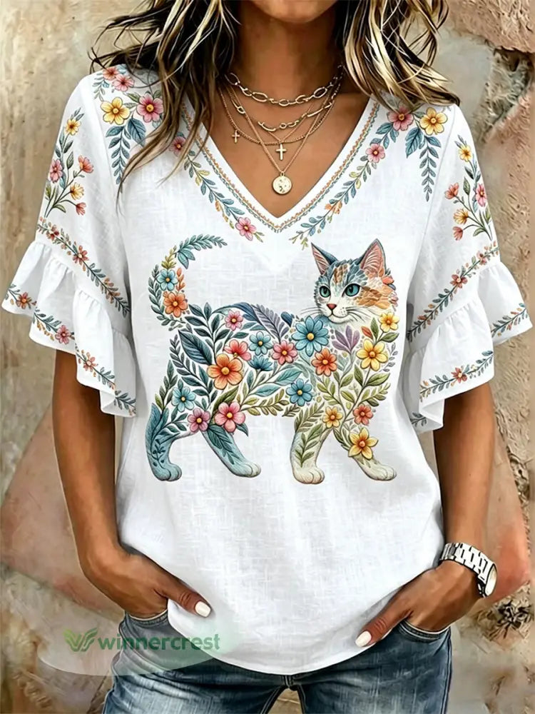 Women’s Floral Cats Print Casual V-Neck Top - White / S