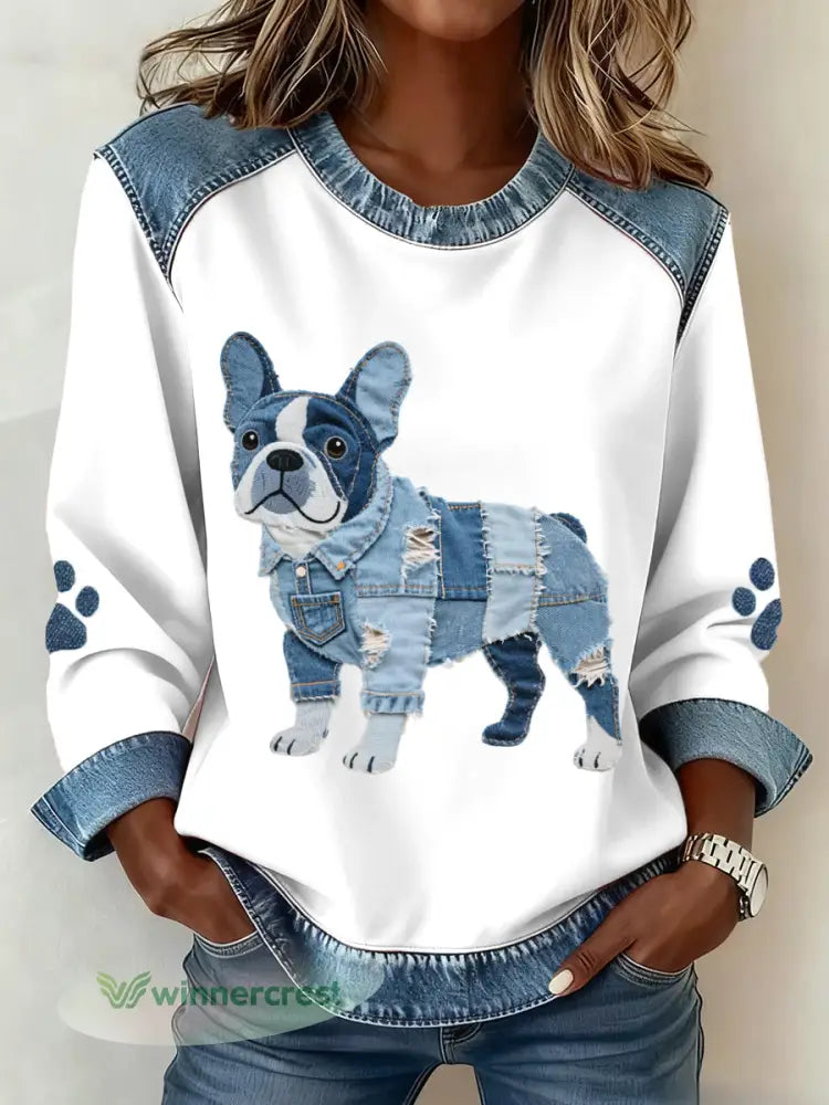 Women’s French Bulldog Pattern Denim Patchwork Art Sweatshirt - White / S