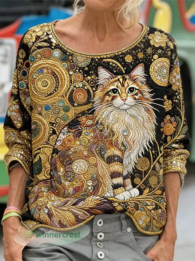 Women’s Funny Glitter Cats Art Long Sleeve Loose-fitting Sweatshirt - As picture / S