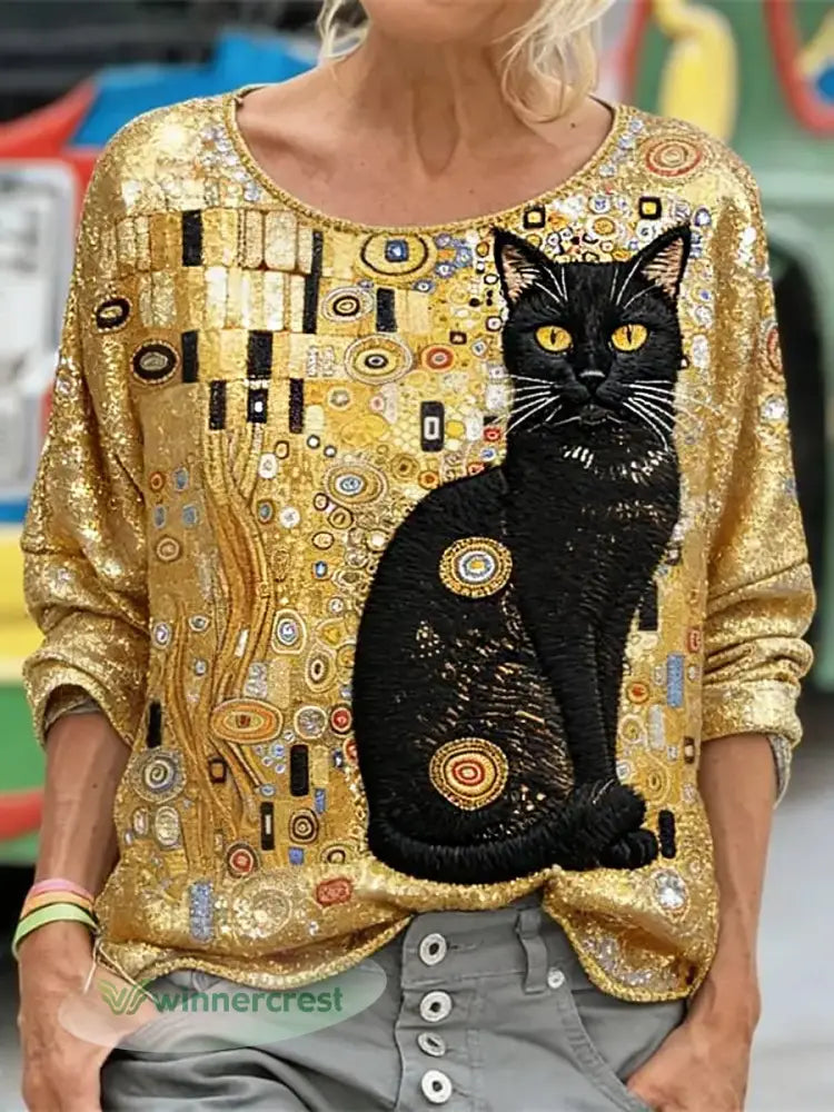 Women’s Glitter Black Cat Art Long Sleeve Loose-fitting Sweatshirt - As picture / S