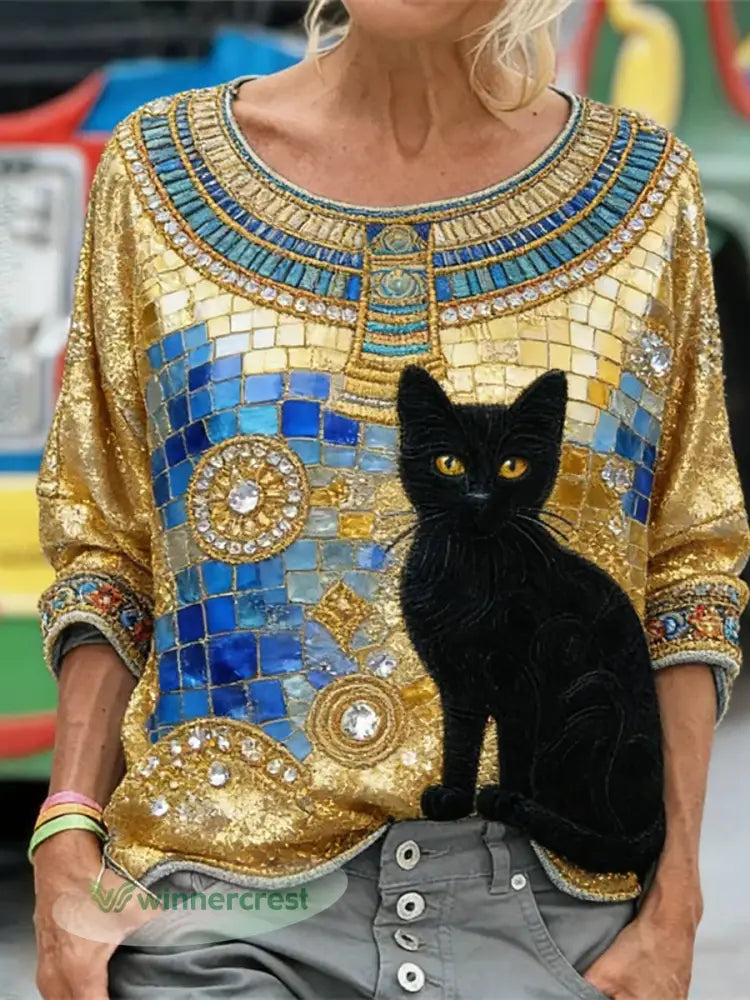 Women’s Glitter Black Cat Art Long Sleeve Loose-fitting Sweatshirt - As picture / S