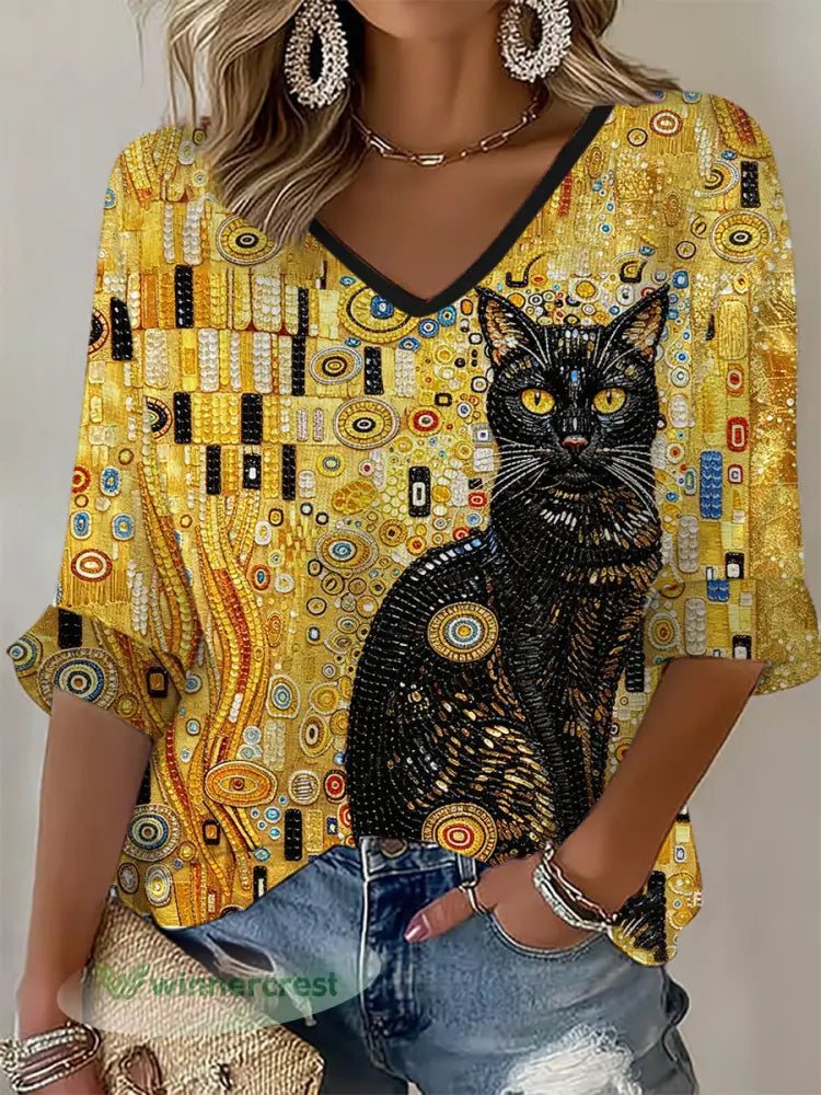 Women’s Glitter Black Cat Art Waffle T-shirt - As picture / S