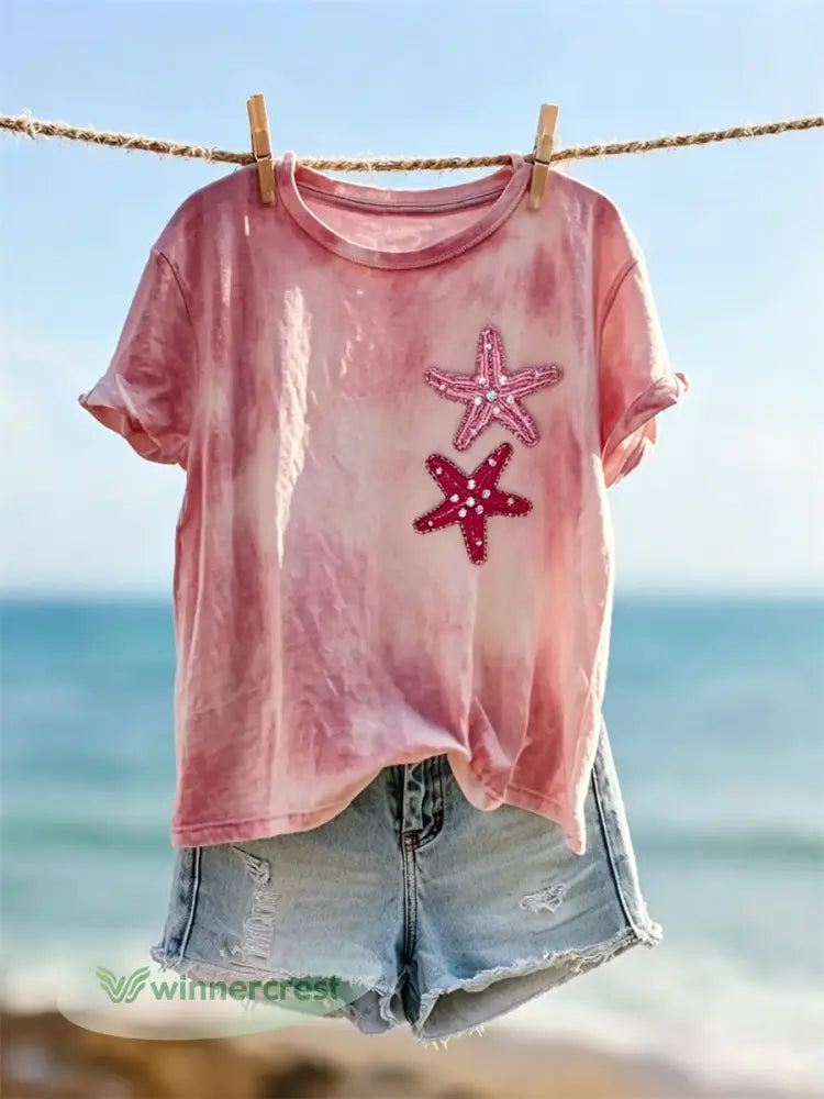 Women’s Glitter Starfish Art Print Tie Dye short-sleeved T-shirt - Pink / S