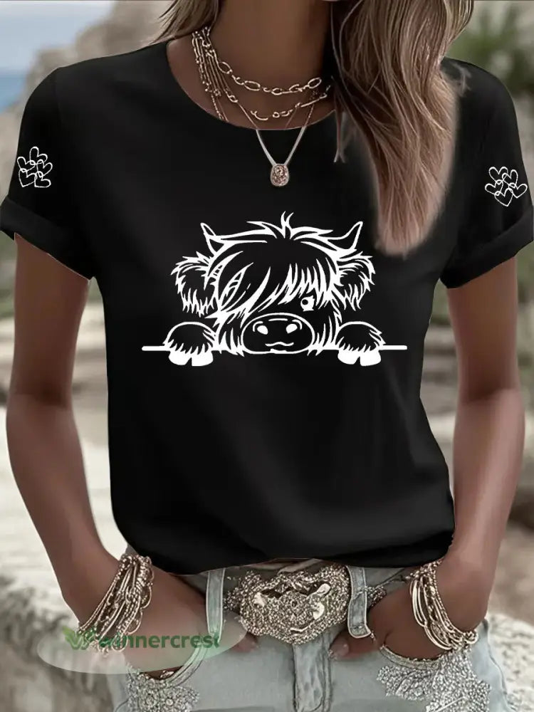 Women’s Highland Cow Print Casual T-shirt - Black / S
