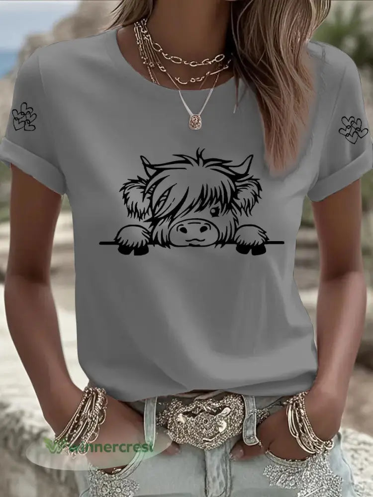 Women’s Highland Cow Print Casual T-shirt - Gray / S