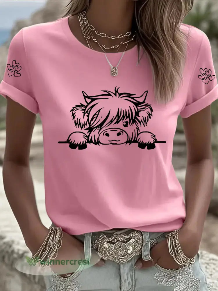 Women’s Highland Cow Print Casual T-shirt - Pink / S