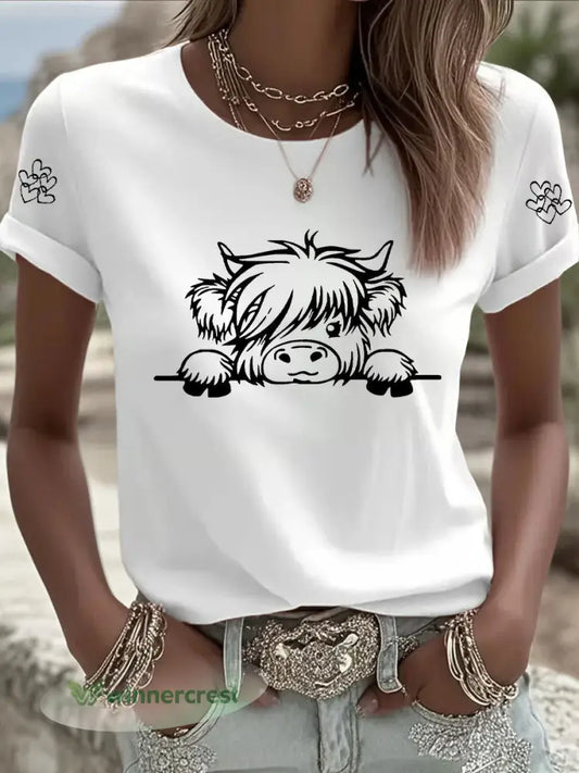 Women’s Highland Cow Print Casual T-shirt - White / S