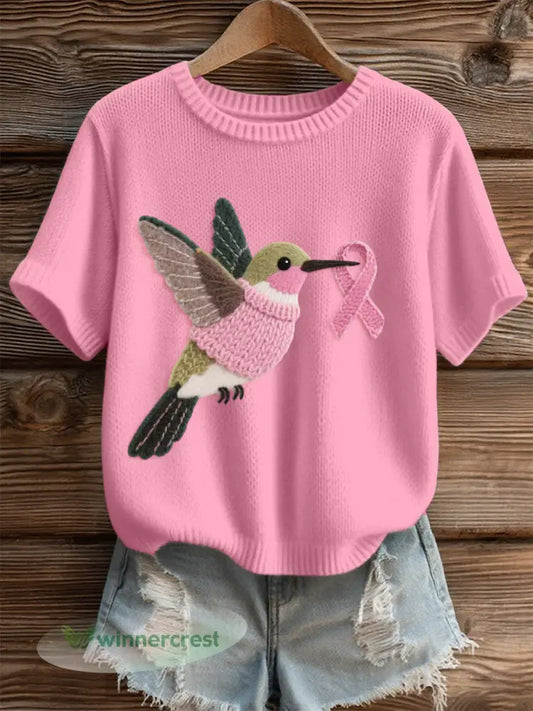 Women’s Hummingbird Pattern Felt Art Cozy Knit Top - Pink / S