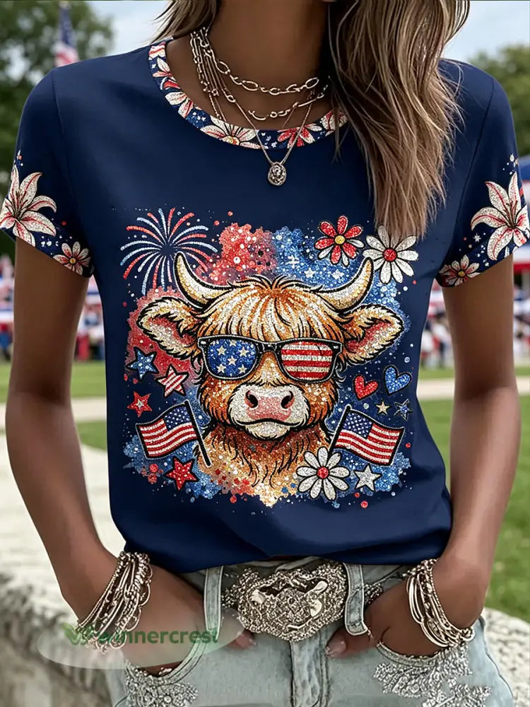 Women’s Independence Day Highland Cattle Printed Vintage Fashion Loose Short Sleeve T-Shirt - Deep Blue / S