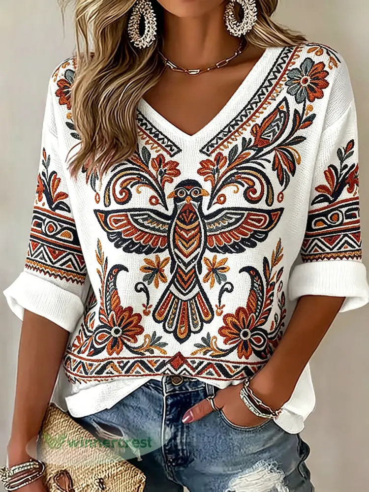 Women’s Indigenous Floral Print Casual T-Shirt - White / S