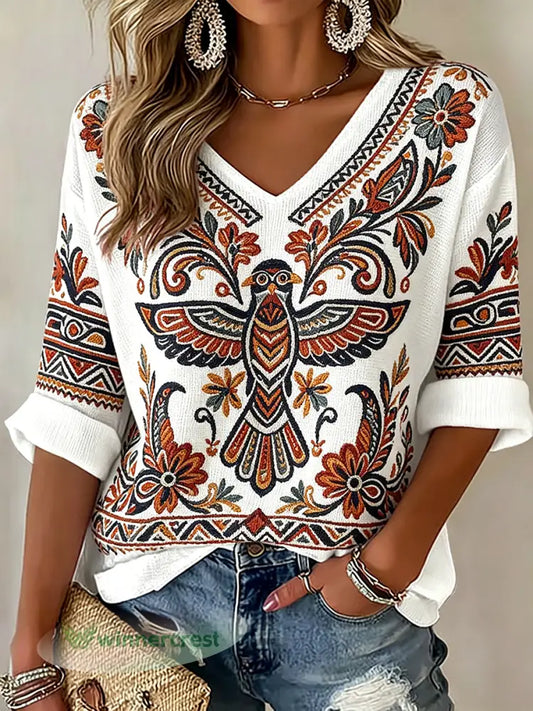 Women’s Indigenous Floral Print Casual T-Shirt - White / S