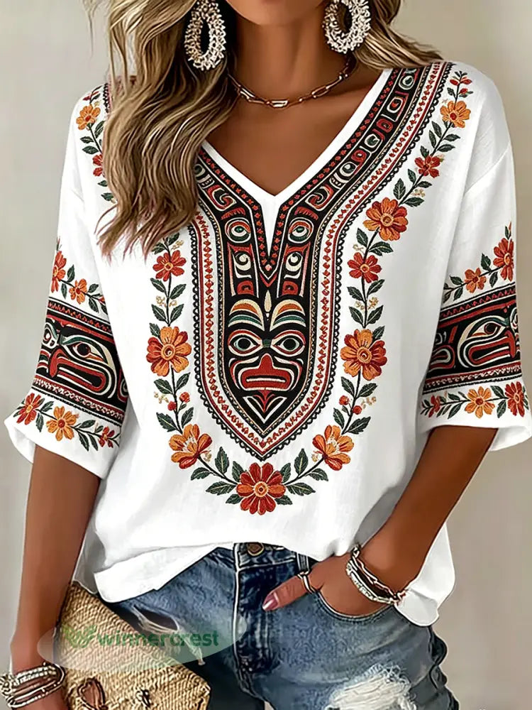 Women’s Indigenous Floral Print Casual T-Shirt - White / S