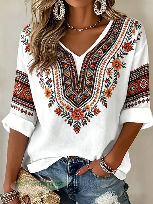 Women’s Indigenous Floral Print Casual T-Shirt - White / S