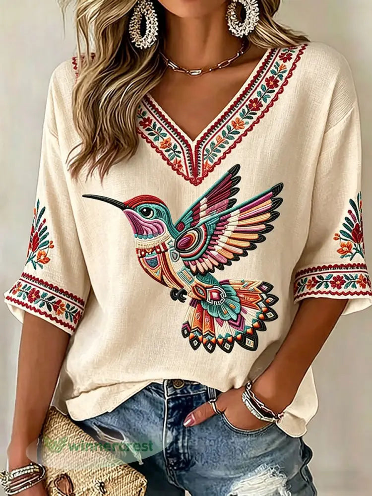 Women’s Indigenous Hummingbird Art V-Neck Tops - Apricot / S