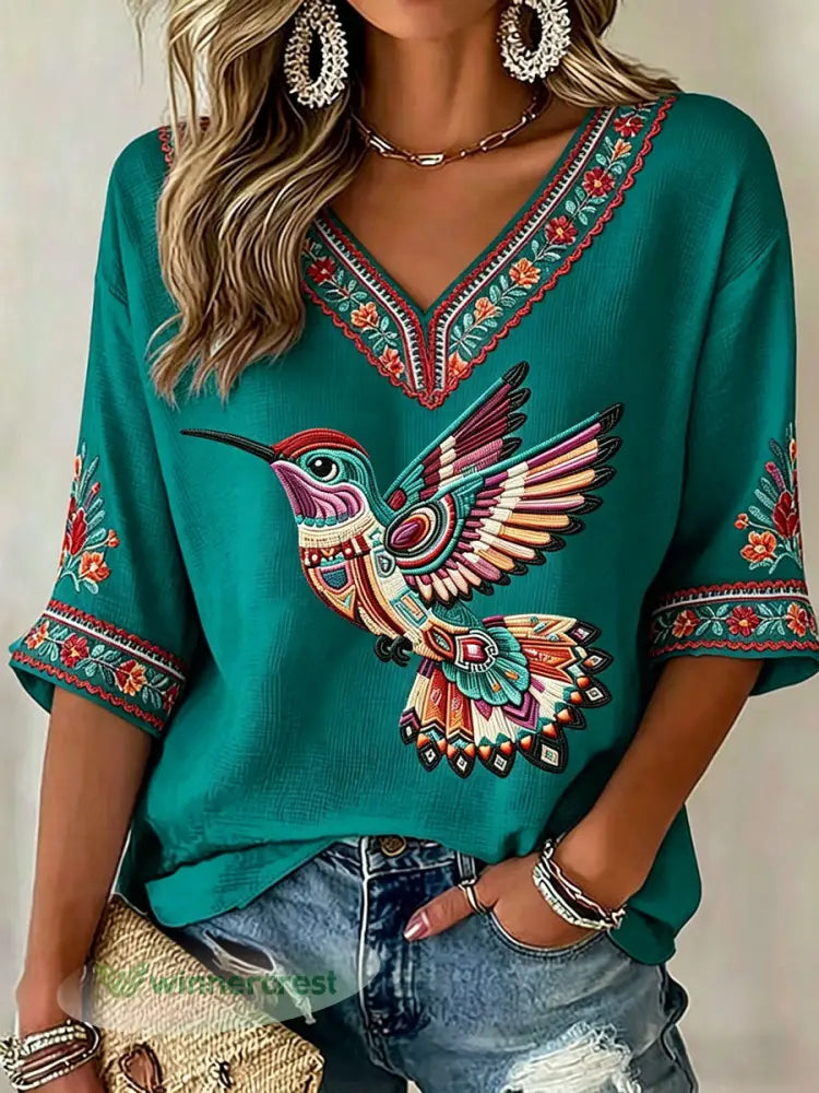 Women’s Indigenous Hummingbird Art V-Neck Tops - Blue-Green / S
