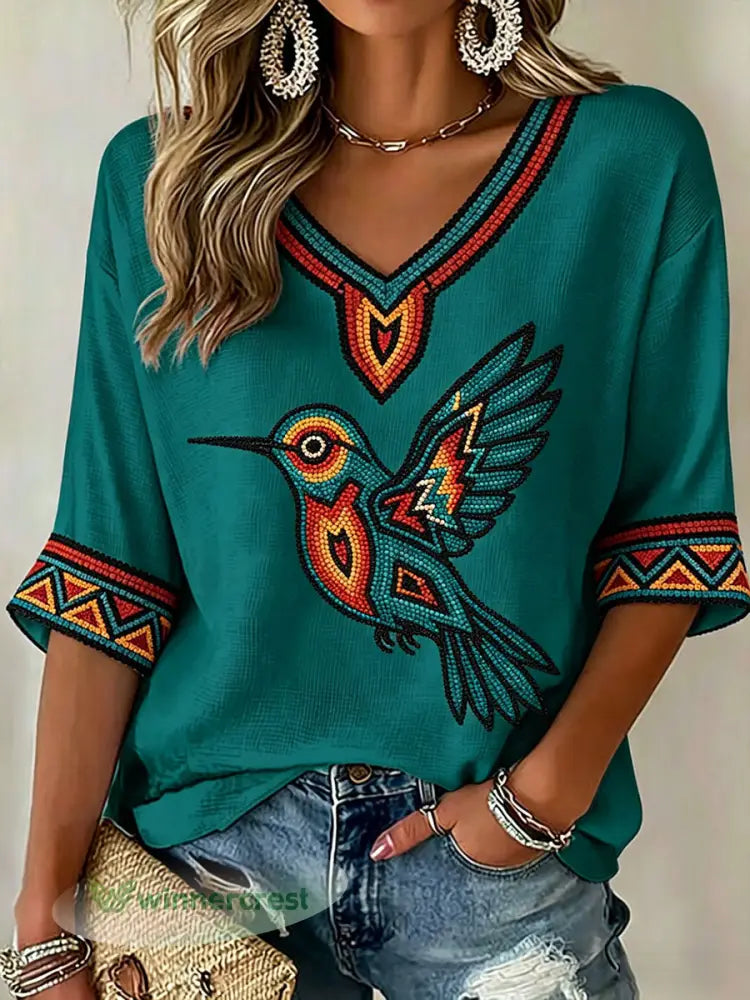 Women’s Indigenous Hummingbird Art V-Neck Tops - Blue-Green / S