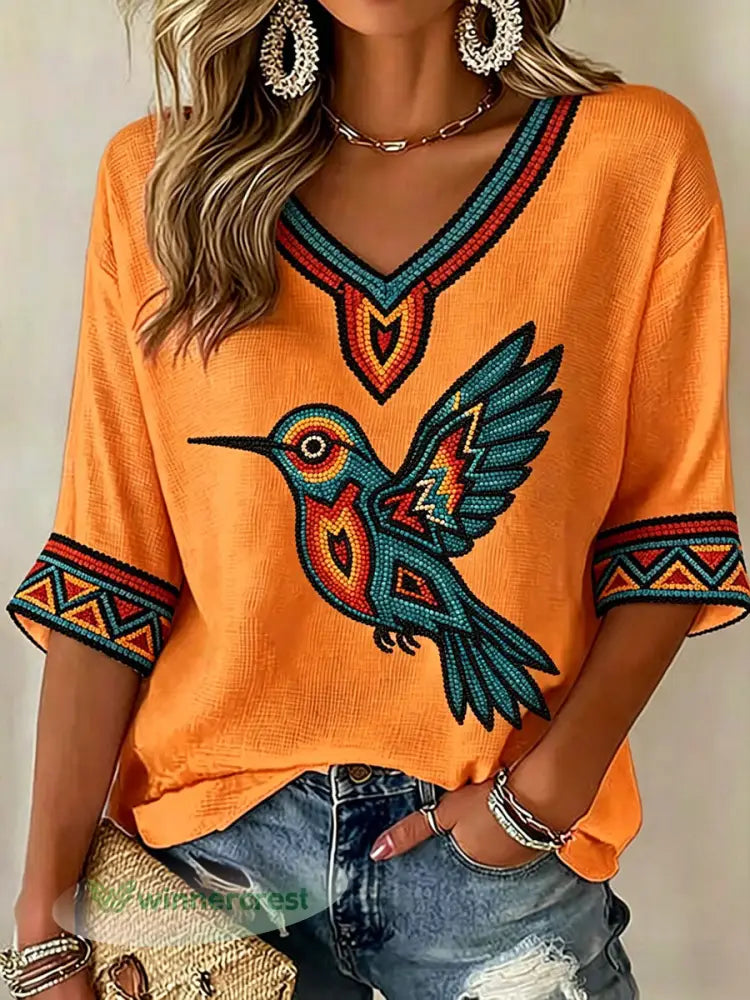 Women’s Indigenous Hummingbird Art V-Neck Tops - Orange / S