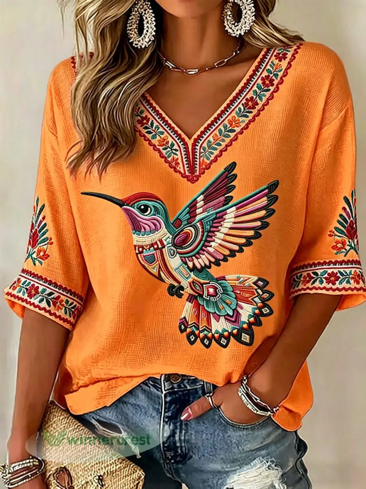 Women’s Indigenous Hummingbird Art V-Neck Tops - Orange / S